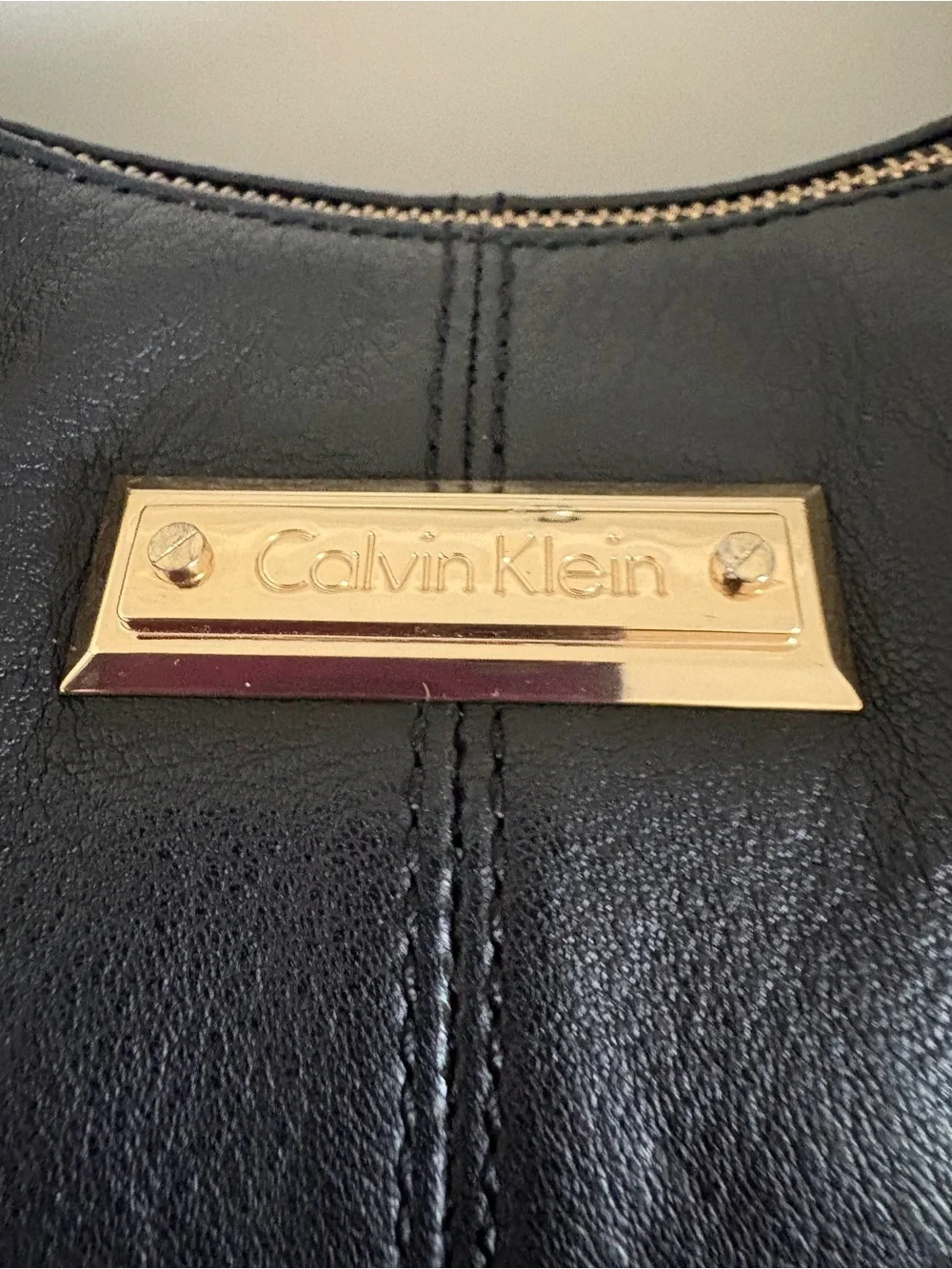 Calvin Klein Black Leather Hobo with Gold Accents